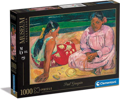 Clementoni Museum Collection 1000-piece jigsaw puzzle box by Paul Gauguin: painting of two Tahitian women sitting on sandy ground