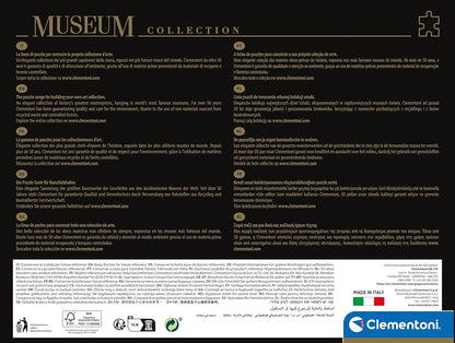 Back of a dark Clementoni "Museum Collection" puzzle box. Multilingual text describes the elegant art puzzle series, highlighting sustainability