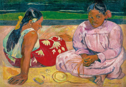 Painting: Two women on a sandy shore. One reclines in a red patterned skirt, the other sits in pink, weaving a fiber object
