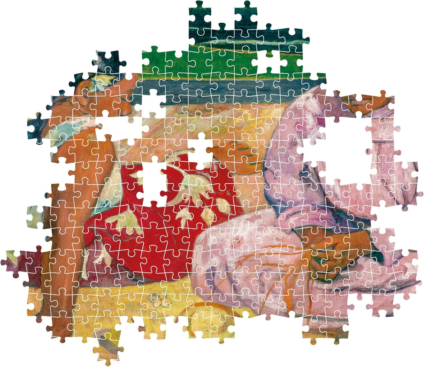 Jigsaw puzzle, missing pieces, depicting a vibrant painting of a reclining woman with a red blanket
