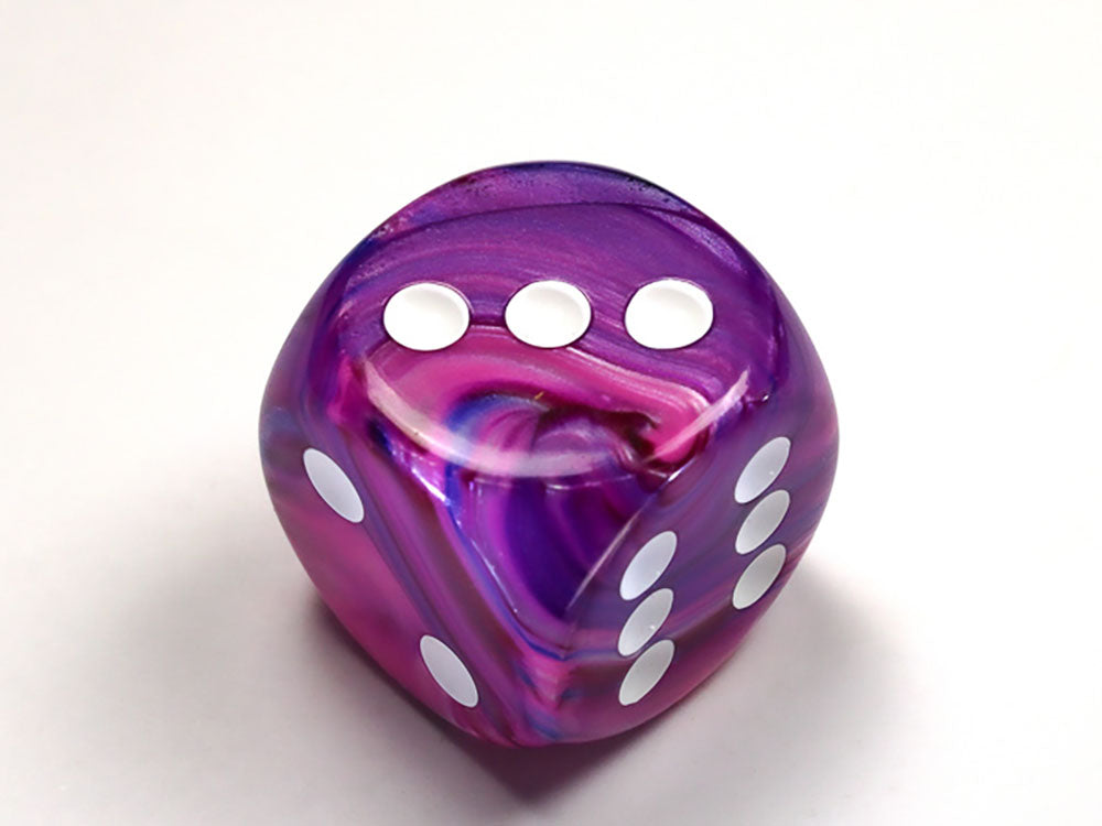 Marbled purple, pink, and blue die showing faces with three and five white pips