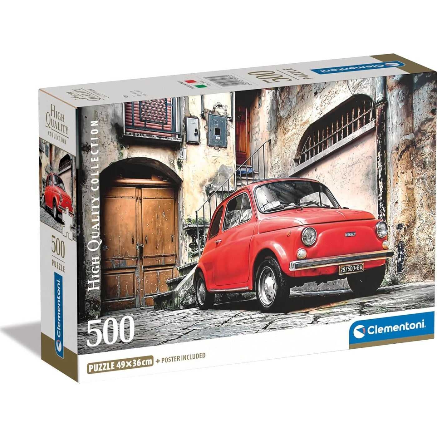 Clementoni 500-piece puzzle box showing a red vintage Fiat 500 parked on an old European street.