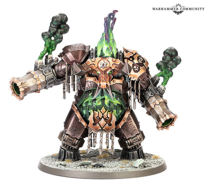 Rusted Chaos miniature, heavily armored with dual cannons and emitting toxic green smoke/energy