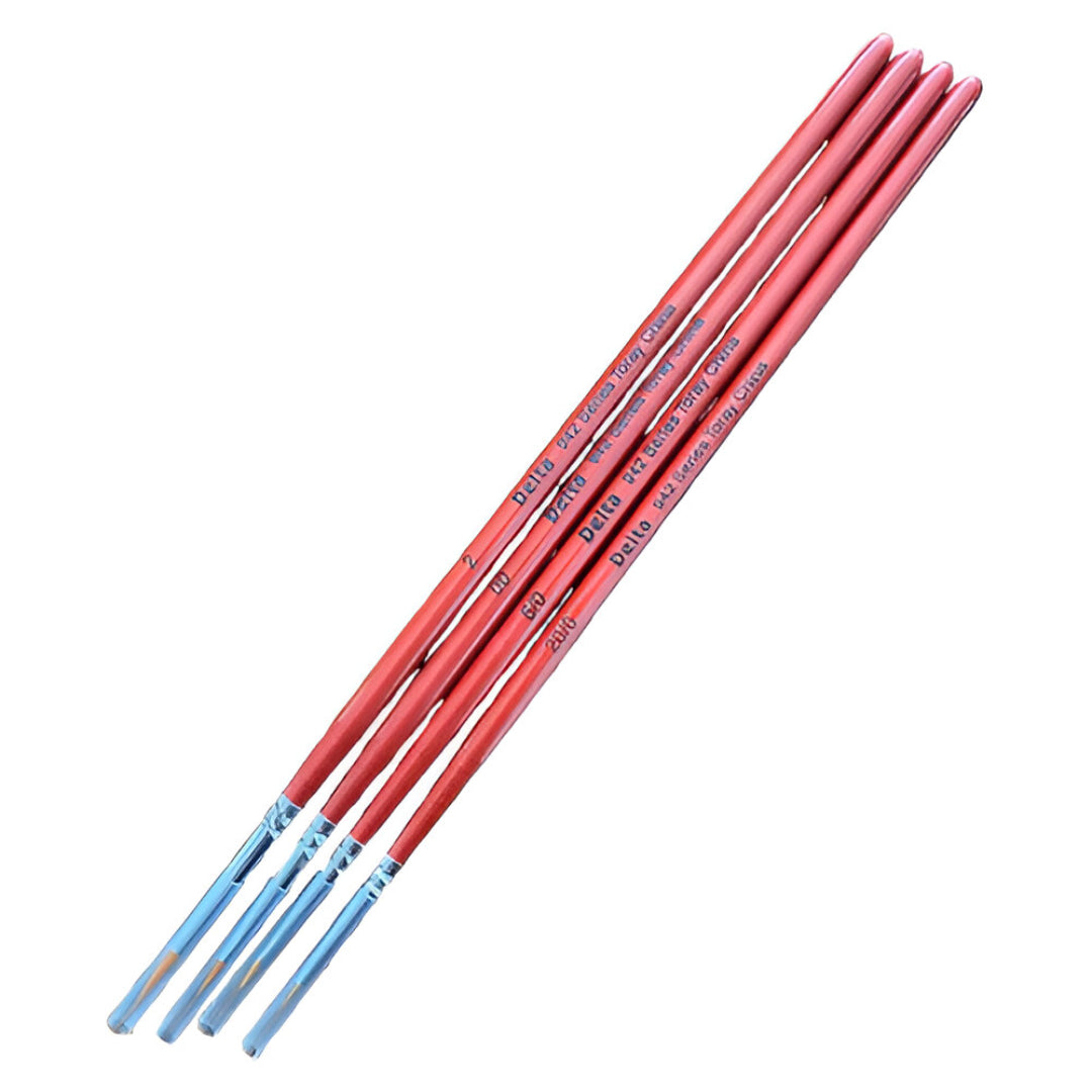 Four red detail Figure Painting Brush Set with clear protective caps, angled on a white background
