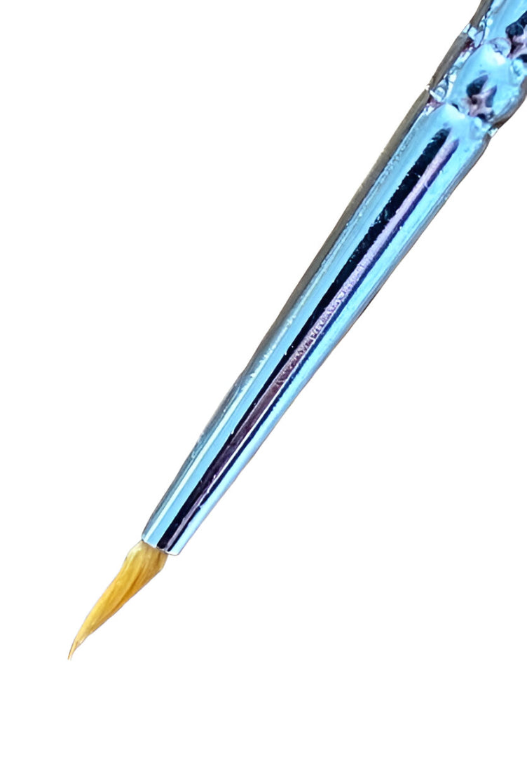 Fine-tipped paintbrush with a shiny blue handle and light brown bristles against a white background