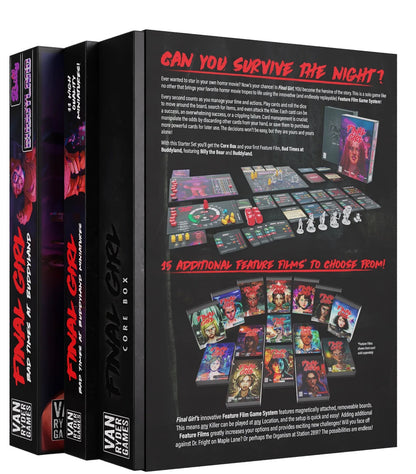 Final Girl board game Core Box and Feature Film expansions display, showing game components, miniatures and multiple feature film covers