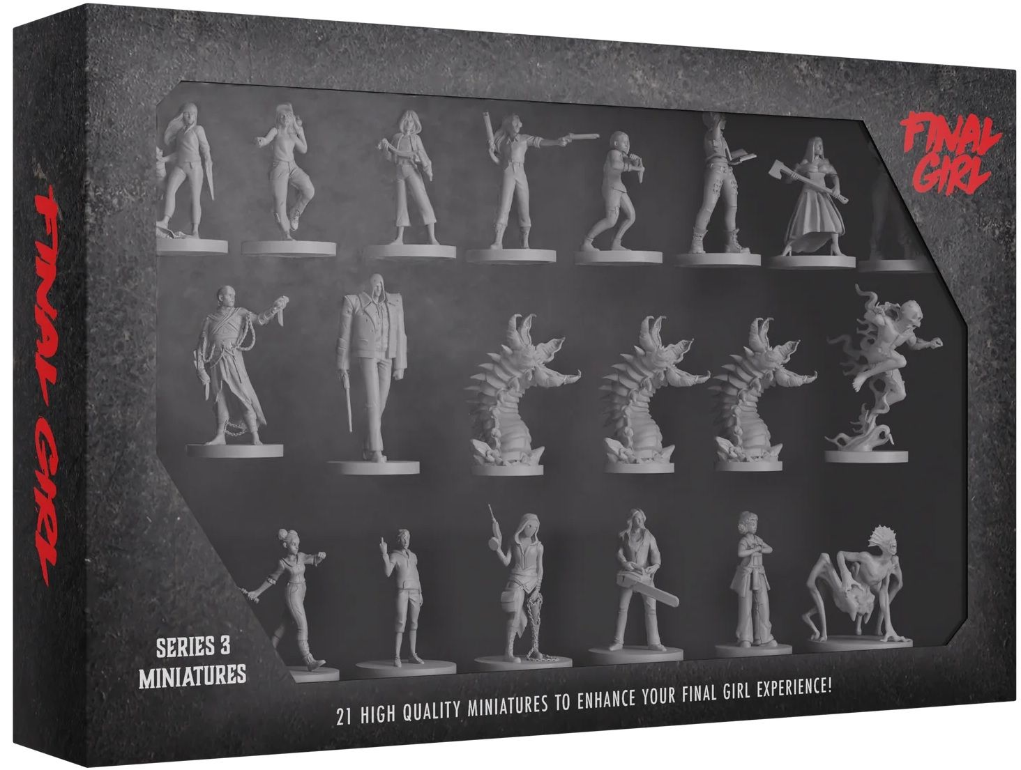 Final Girl Series 3 miniatures box with 21 unpainted figures: heroines, monsters, and villains, visible through a clear window