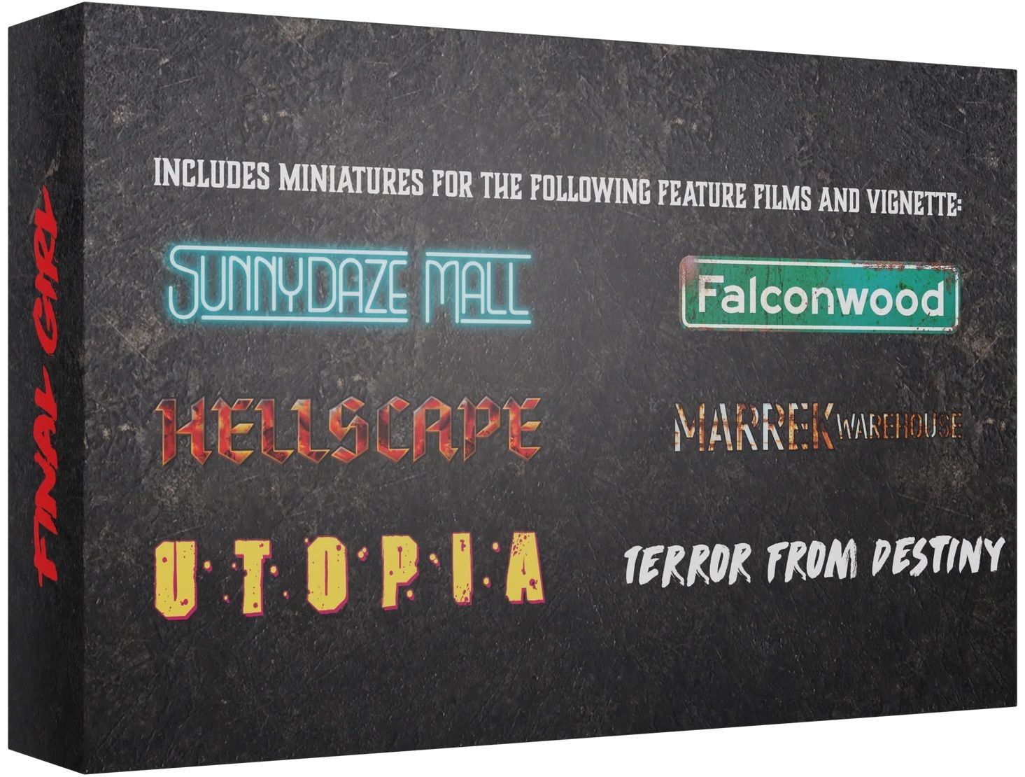 Final Girl miniatures game box with scenarios: Sunnydaze Mall, Falconwood, Hellscape, Marrek Warehouse, Utopia, Terror from Destiny