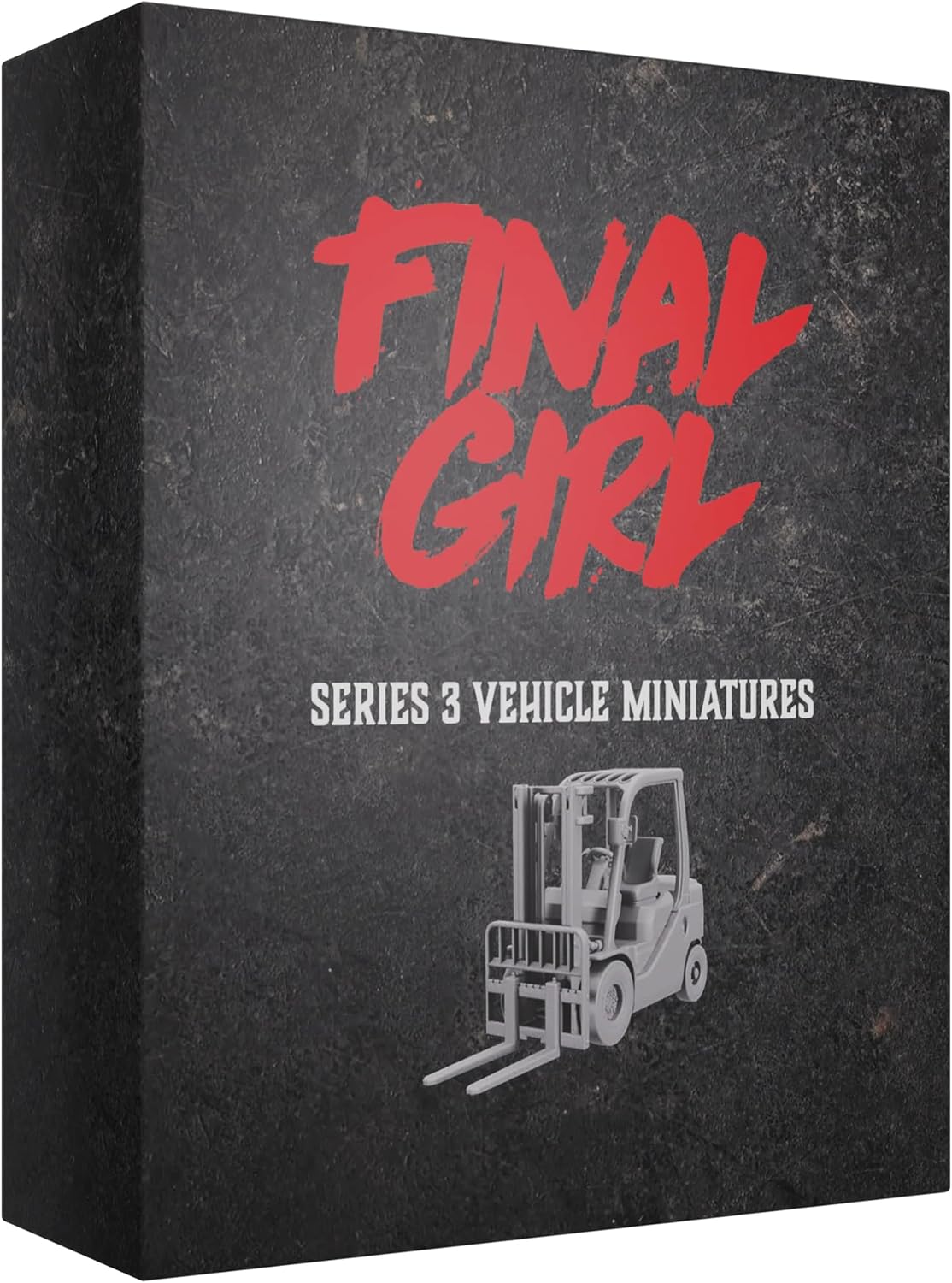 Dark box for Final Girl Series 3 Vehicle Miniatures, with a red title and a grey forklift graphic.