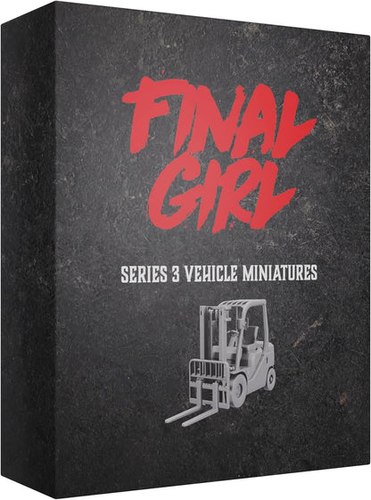 Dark box for Final Girl Series 3 Vehicle Miniatures, with a red title and a grey forklift graphic.