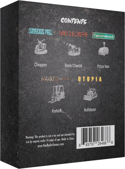 Game box shows contents: 5 miniatures (chopper, bone chariot, pizza van, forklift, bulldozer), location names, warnings, barcode.