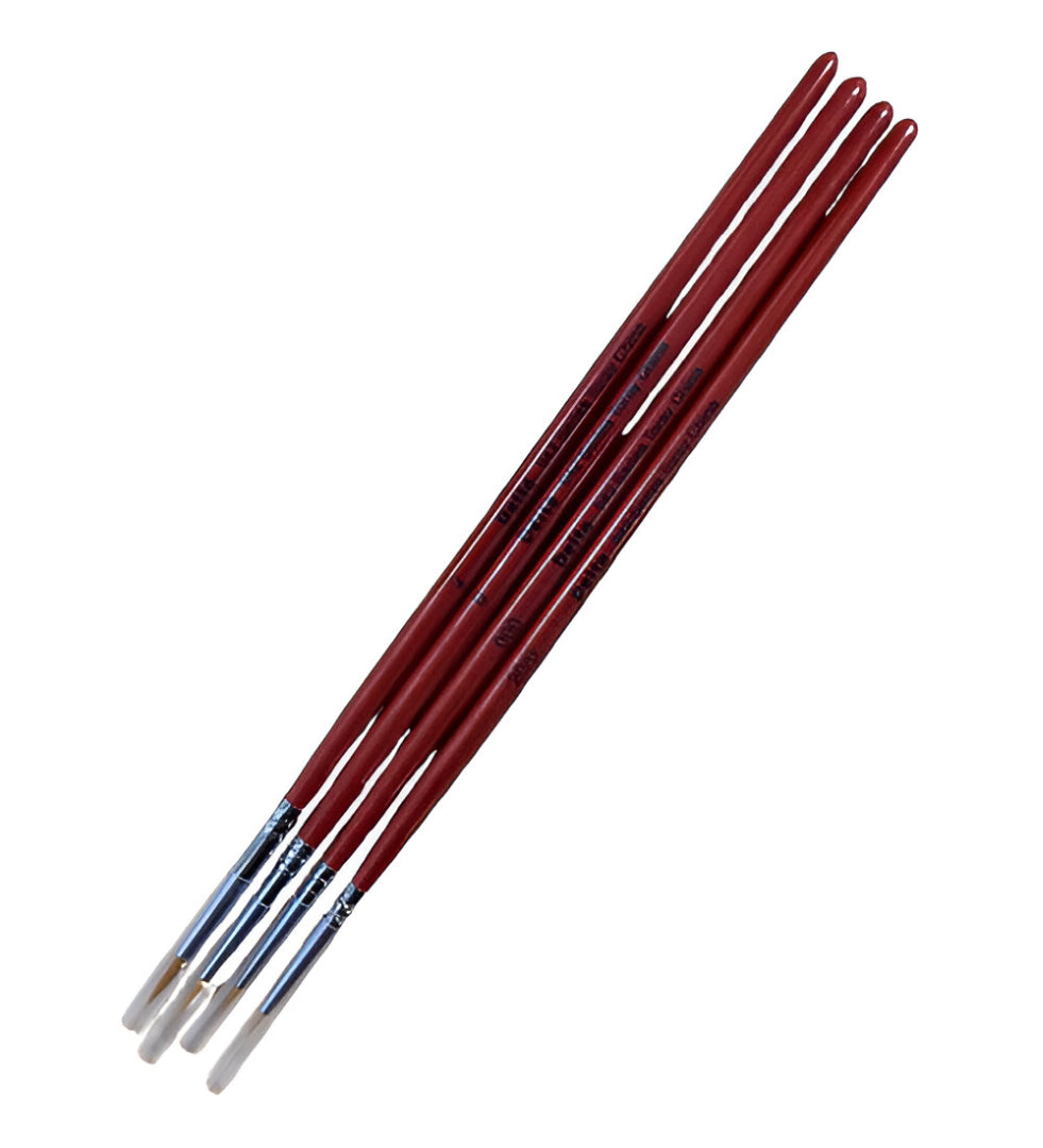 Four red-handled paintbrushes with light bristles, angled on a white background