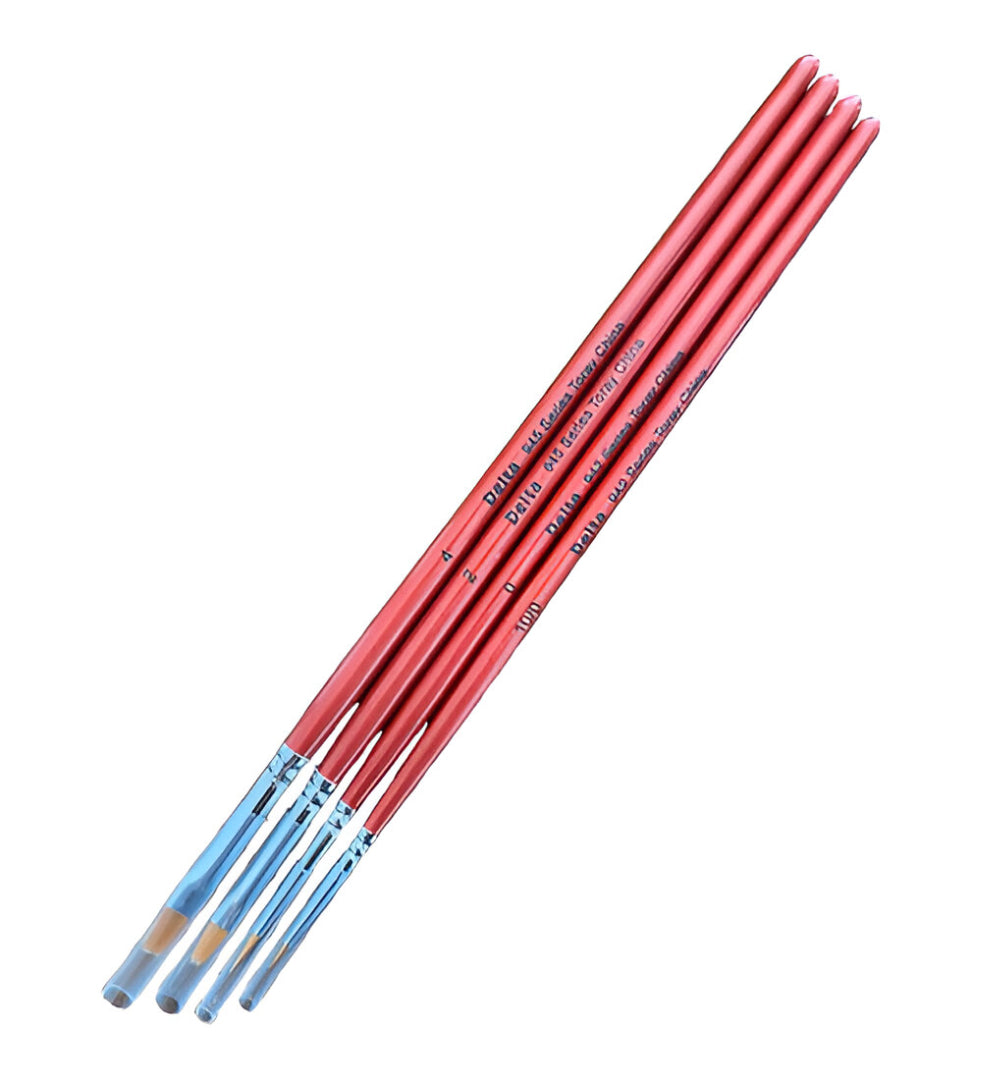 Five red Delta Finishing & Effects Brush Set of varying sizes, with clear protective caps