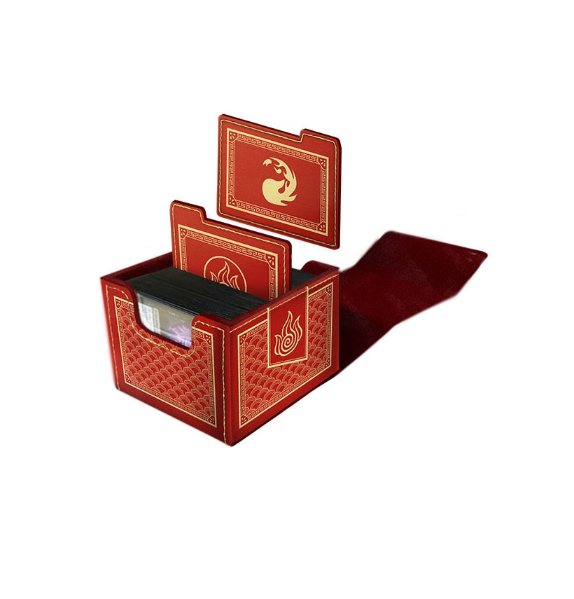 Decorative red and gold deck box containing trading cards, with two dividers featuring fire and MTG symbols