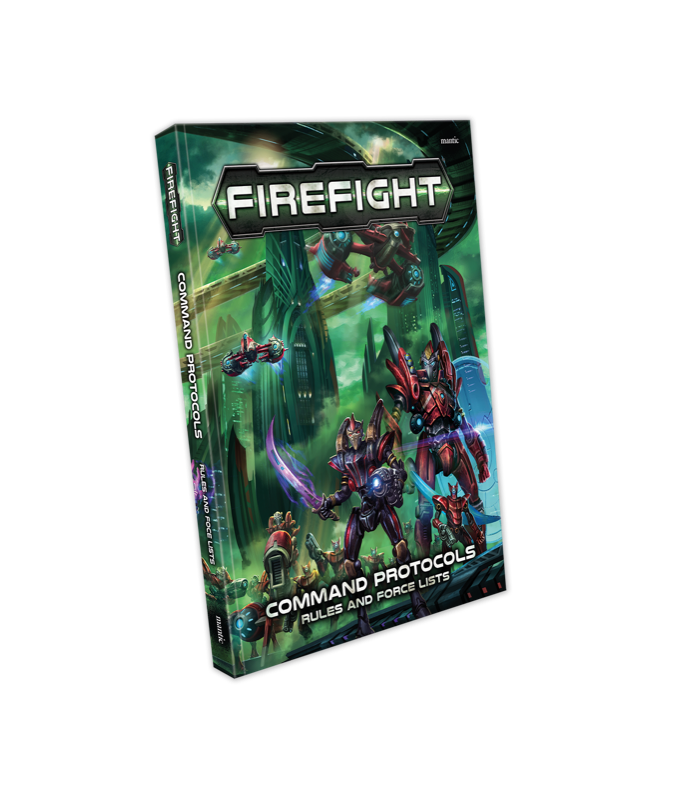 Firefight Command Protocols book cover: Armored sci-fi figures, one with a glowing sword, in a futuristic city.