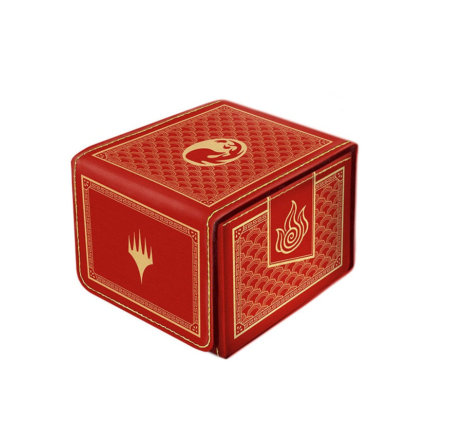 Red and gold stylized MTG deck box featuring traditional patterns and the Planes walker and Fire mana symbols