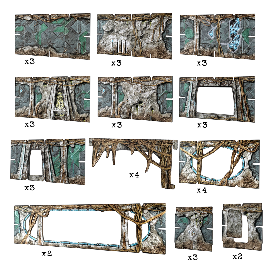 Eleven modular sci-fi ruin tiles, featuring stone, roots, and futuristic panels with blue glowing details.
