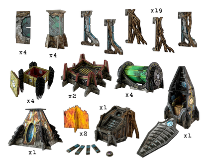 Collection of modular sci-fi and fantasy game assets, including futuristic structures, ancient ruins, and energy sources.
