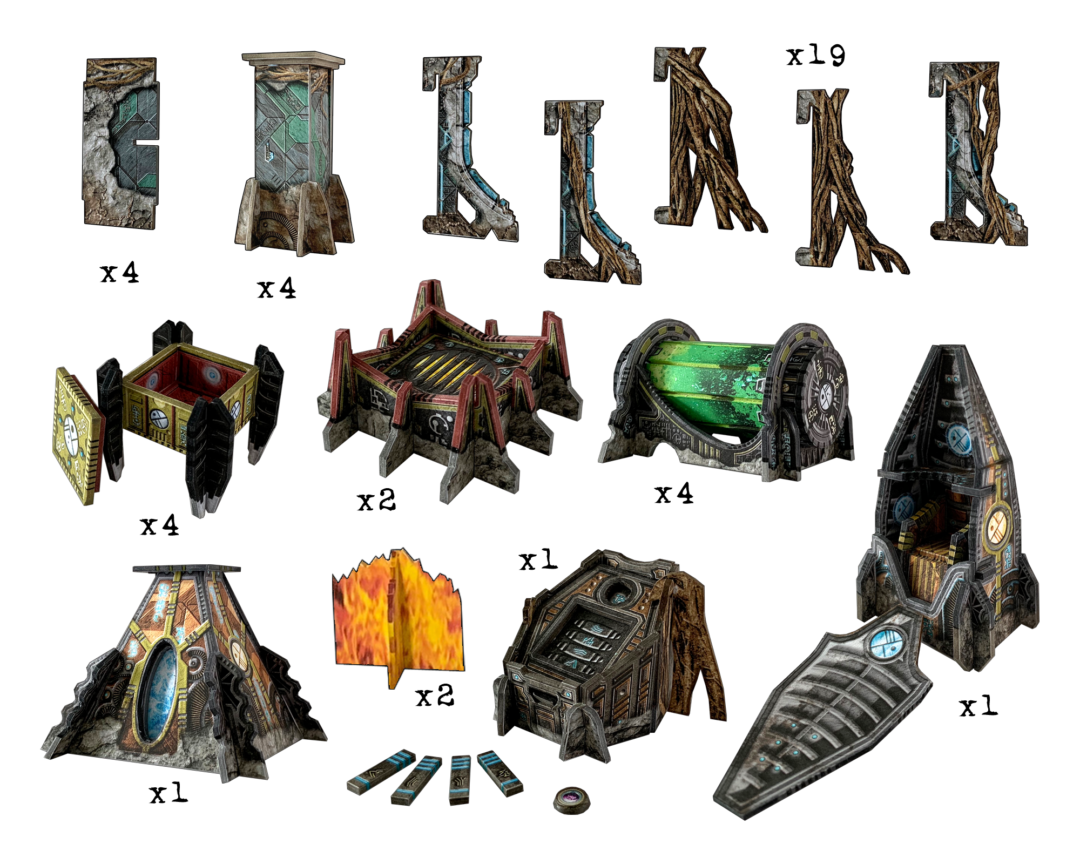 Collection of modular sci-fi and fantasy game assets, including futuristic structures, ancient ruins, and energy sources.