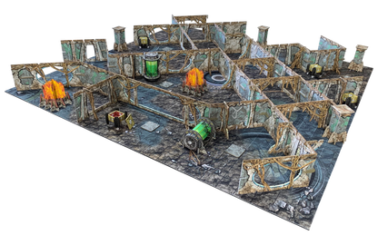 A modular sci-fi dungeon map for tabletop games with weathered walls, glowing green tanks, and burning structures.