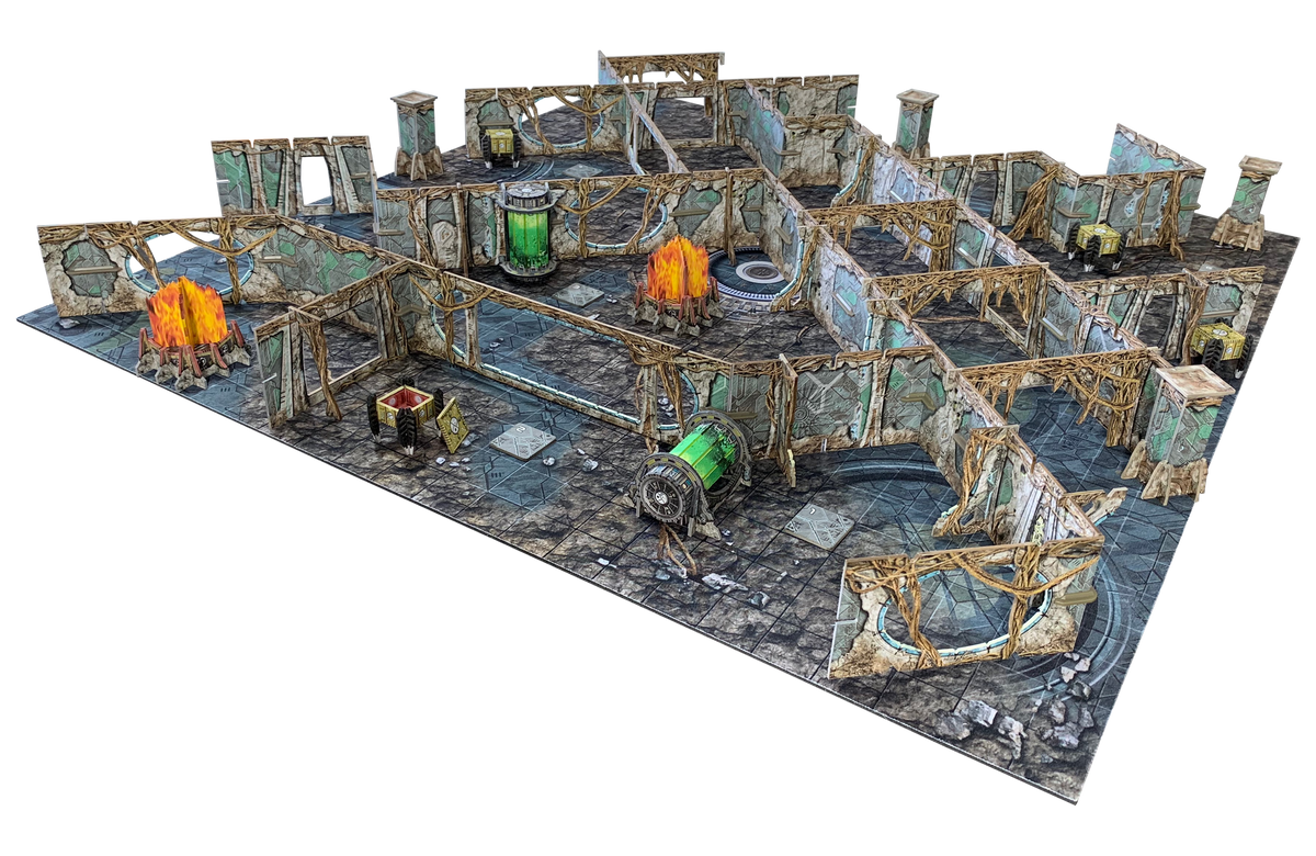 A modular sci-fi dungeon map for tabletop games with weathered walls, glowing green tanks, and burning structures.
