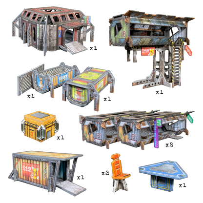 Nine modular, weathered cyberpunk terrain pieces: multi-story buildings, containers, a raised shop, trading post, chair, and table.