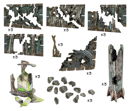 Various ruined sci-fi game assets: broken walls, pillars, a mossy tech platform, and scattered rocks on black.