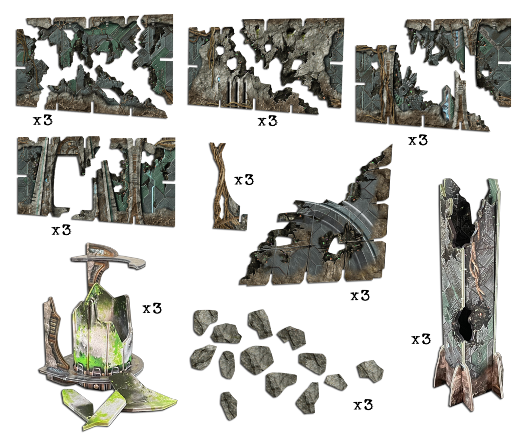 Various ruined sci-fi game assets: broken walls, pillars, a mossy tech platform, and scattered rocks on black.