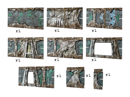 Modular sci-fi wall panels with weathered metal, rock, and tangled roots, showing glowing elements, doors, and openings.