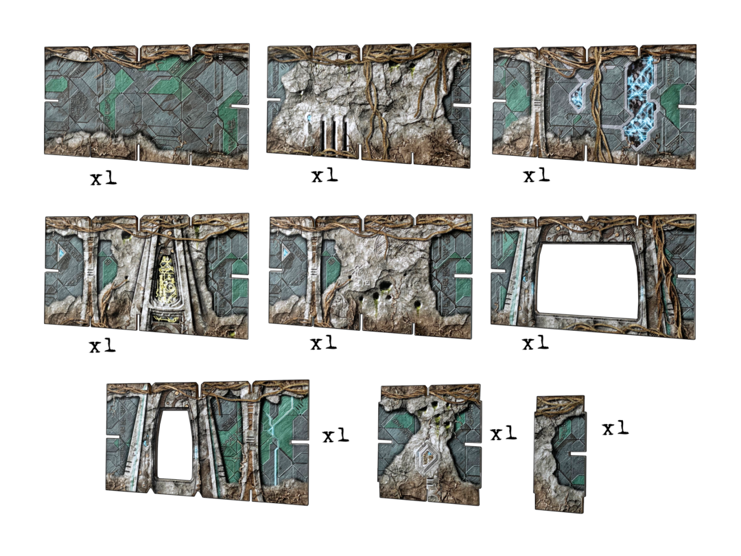 Modular sci-fi wall panels with weathered metal, rock, and tangled roots, showing glowing elements, doors, and openings.