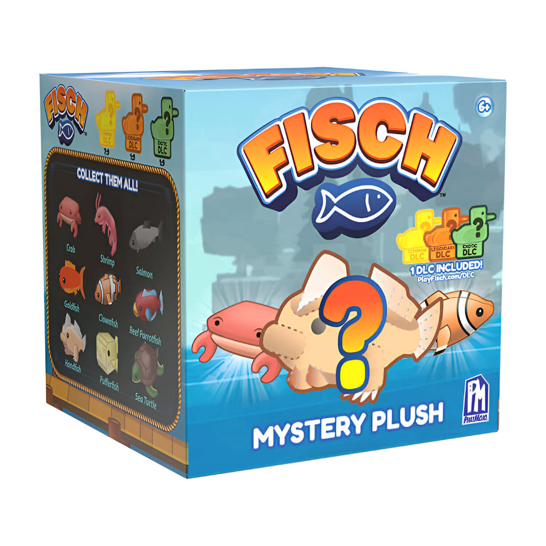 Fisch Mystery Plush box showing a question mark over a plush silhouette and several collectible sea creatures