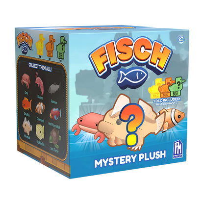 Fisch Mystery Plush box showing a question mark over a plush silhouette and several collectible sea creatures
