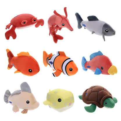 A grid of 9 plush sea creatures: red crab, pink shrimp, clownfish, gray fish, and a green turtle