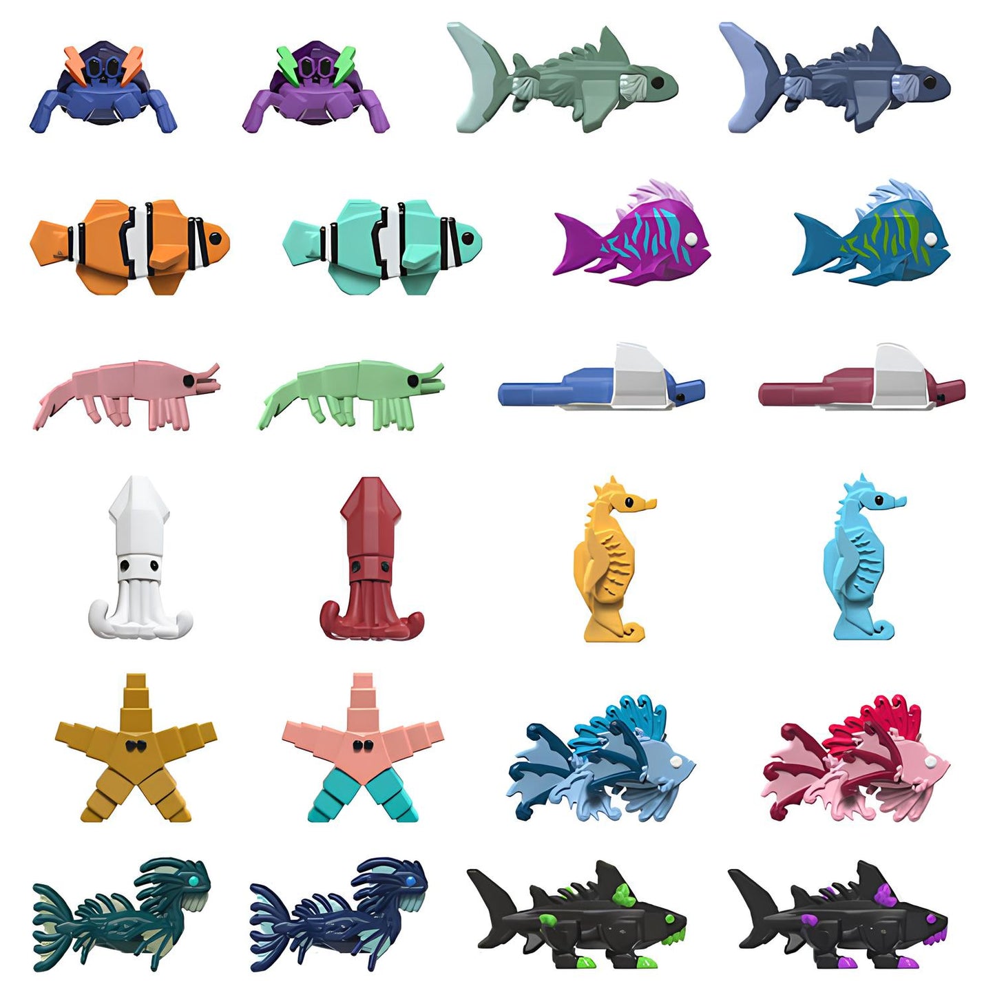 A grid of colorful, stylized marine creature toys: crabs, fish, sharks, seahorses, shrimp, squids, and starfish