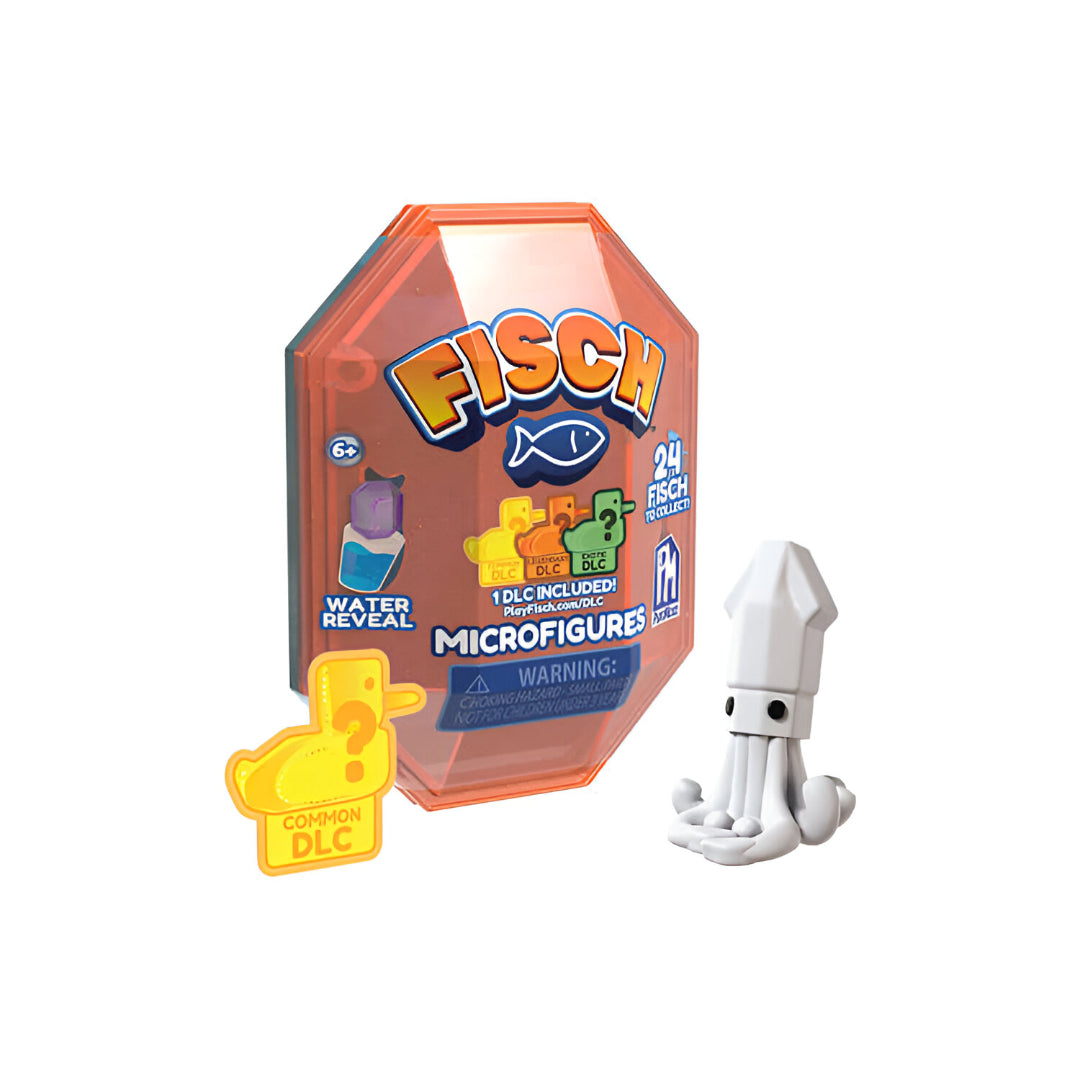 Orange hexagonal Fisch Microfigures box, a yellow "Common DLC" token, and a white squid microfigure