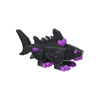 A black shark toy with purple spikes, sharp teeth, and four blocky legs
