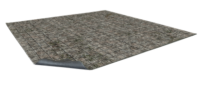 A mat of worn, square tiles with a corner curling up, showing a textured gray underside.