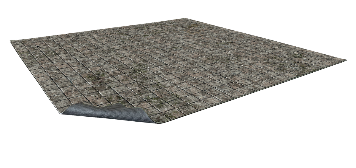 A mat of worn, square tiles with a corner curling up, showing a textured gray underside.