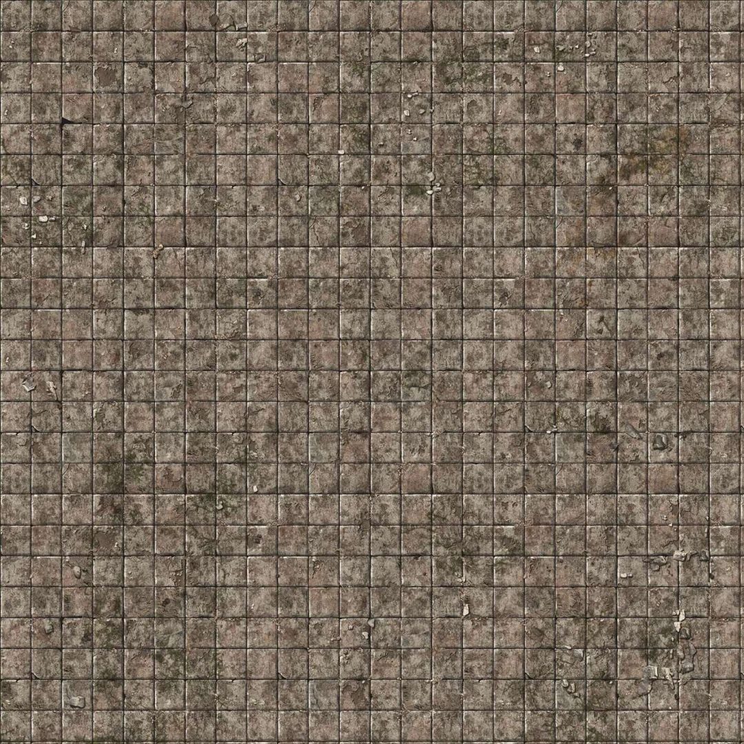 A gridded, weathered floor of brown and grey square tiles, covered in patches of moss, dirt, and cracks.