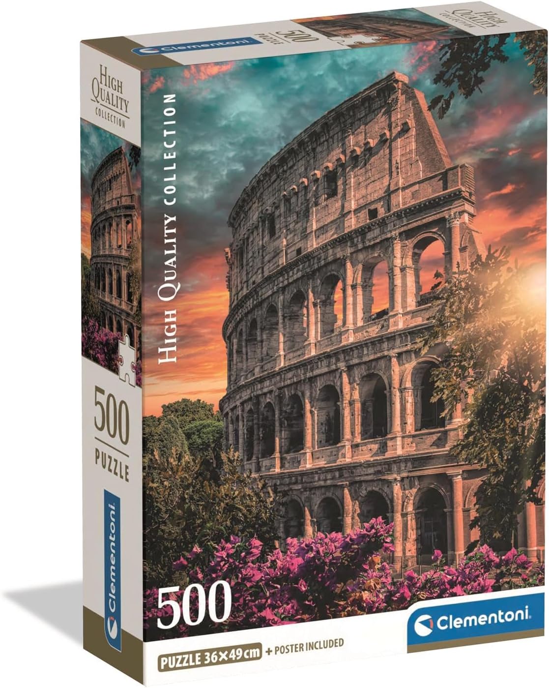 A Clementoni 500-piece puzzle box featuring Rome's Colosseum at sunset with a fiery sky and purple flowers.