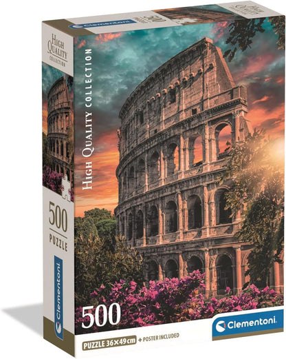 A Clementoni 500-piece puzzle box featuring Rome's Colosseum at sunset with a fiery sky and purple flowers.