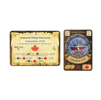 Two Game Cards: A Canadian Dfo Fishing License And A Red Fishing Boat Of Fleet Arctic Bounty Board Game
