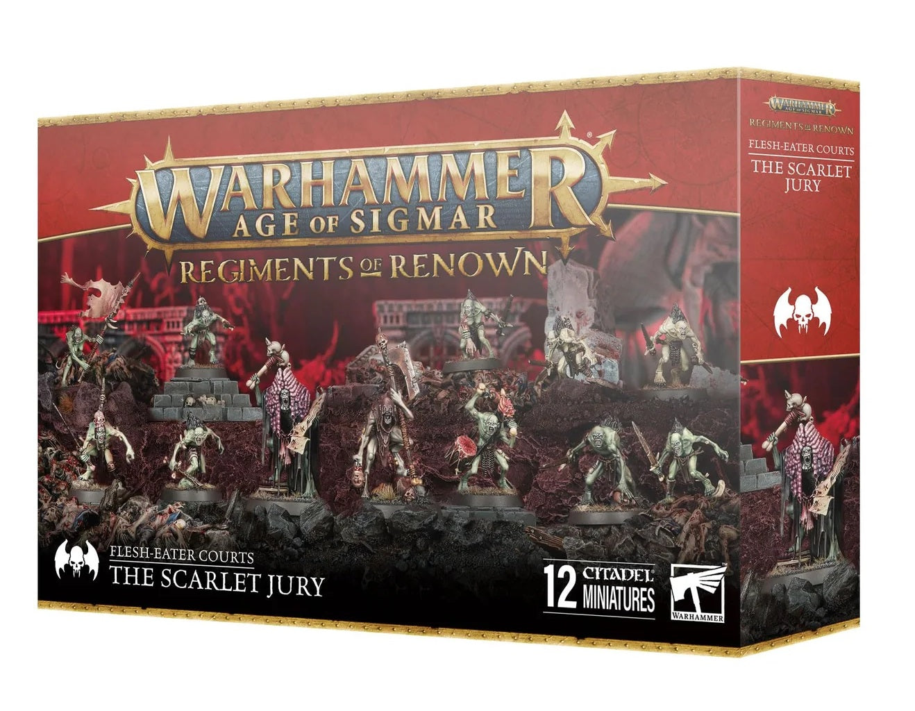 Box art for Warhammer AoS Flesh-Eater Courts: The Scarlet Jury miniature set, displaying 12 ghoul models
