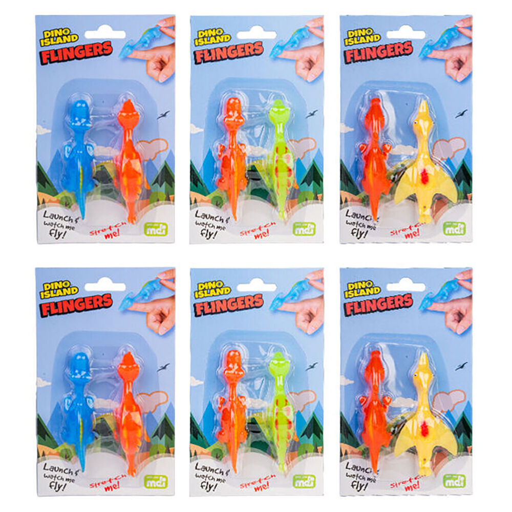Six packs of Dino Island Flingers toys: colorful, stretchy dinosaur figures in blister packaging