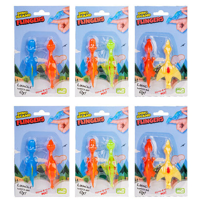 Six packs of Dino Island Flingers toys: colorful, stretchy dinosaur figures in blister packaging