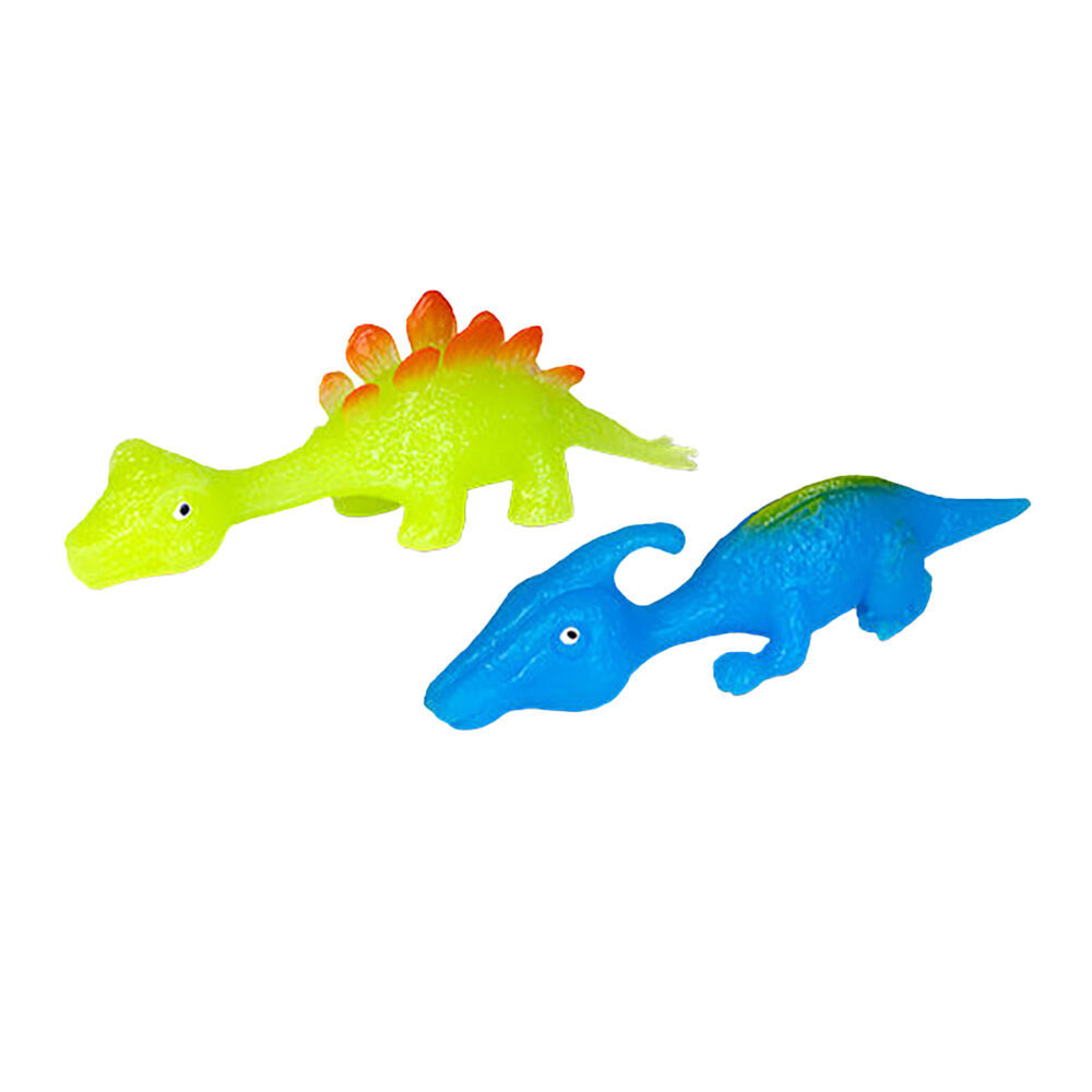 A green toy dinosaur with orange back plates and a blue toy dinosaur with a head crest
