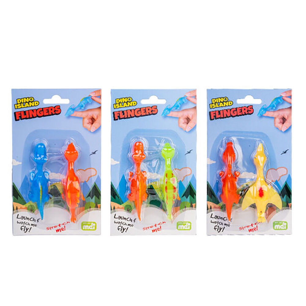 Three "Dino Island Flingers" toy packages, each containing two colorful, stretchy dinosaur figures designed to launch