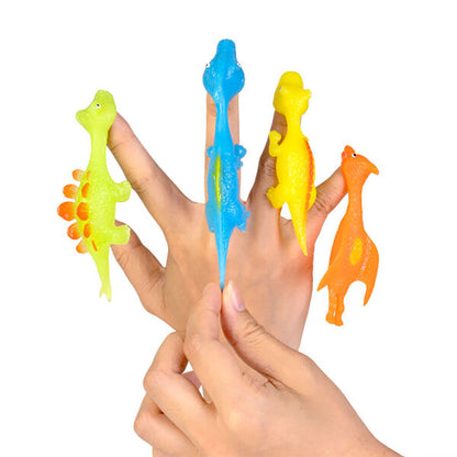 A hand models four colorful stretchy dinosaur finger puppets; another hand stretches a blue one