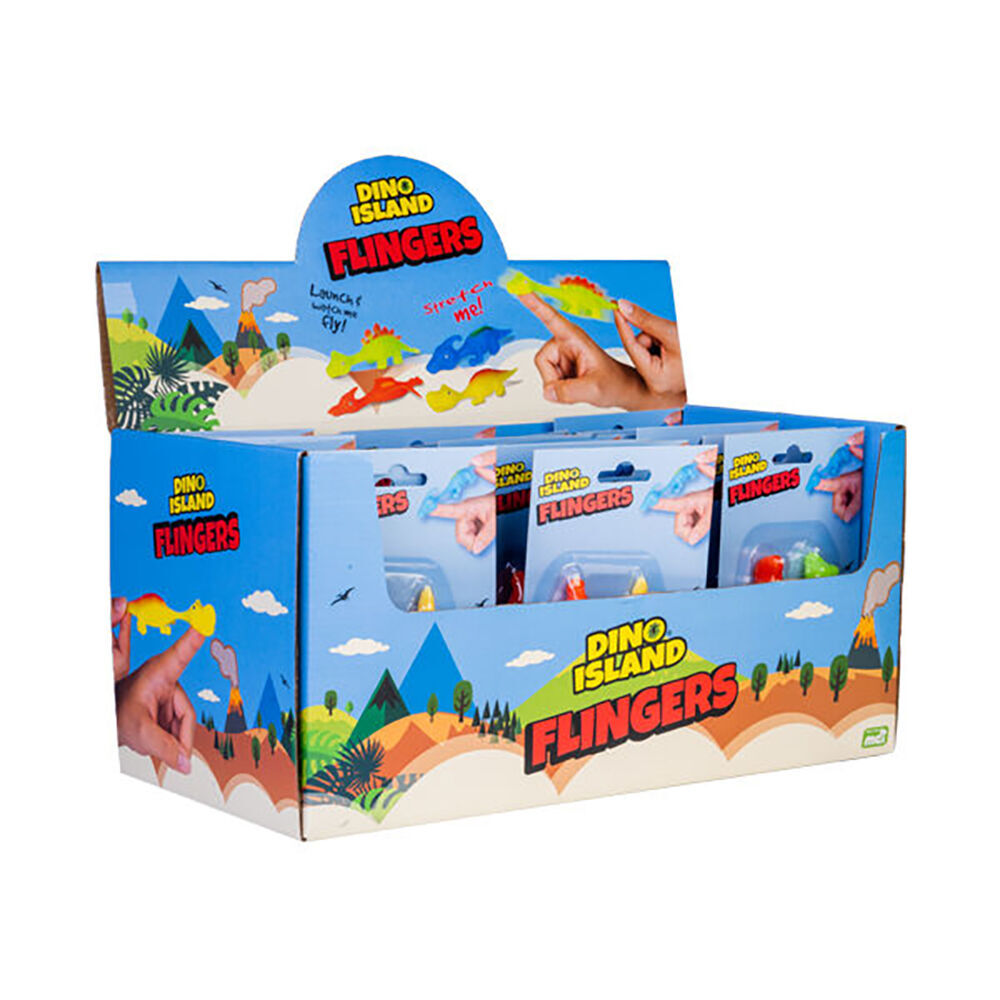 A blue display box filled with Dino Island Flingers, stretchy dinosaur toys, featuring a hand launching a green dino