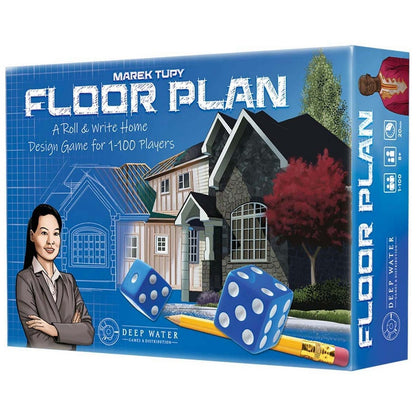 Floor Plan home design roll-and-write board game box featuring houses, dice, and a female architect